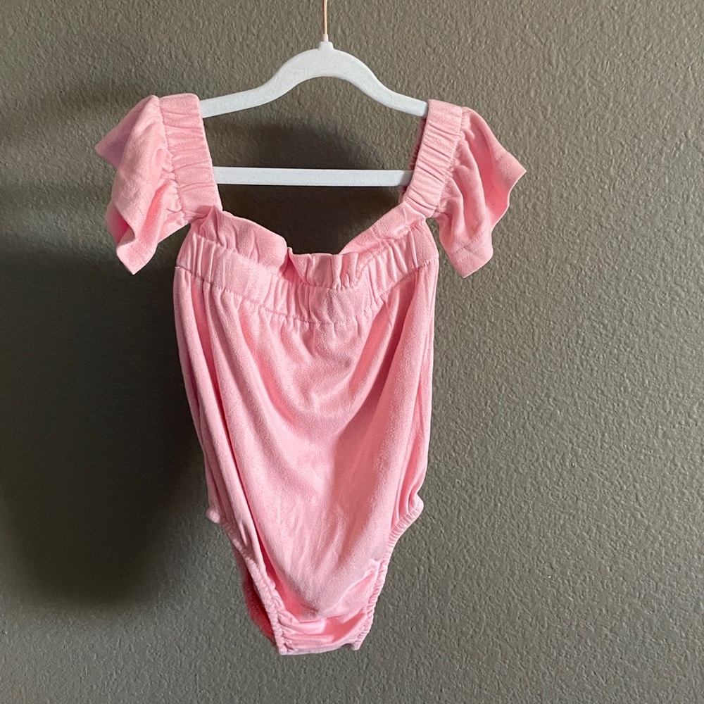 Baileys Blossoms Ruffled Pink Off-Shoulder Bodysuit with a faux suede look.👀